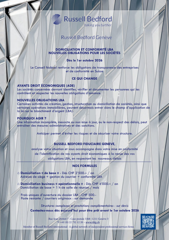 Aperçu de la communication « Domiciliation et conformité LBA » de Russell Bedford Genève (PDF)