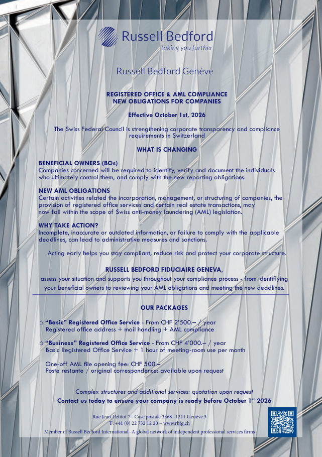 Preview of the Russell Bedford Geneva brief “Registered Office & AML Compliance” (PDF)
